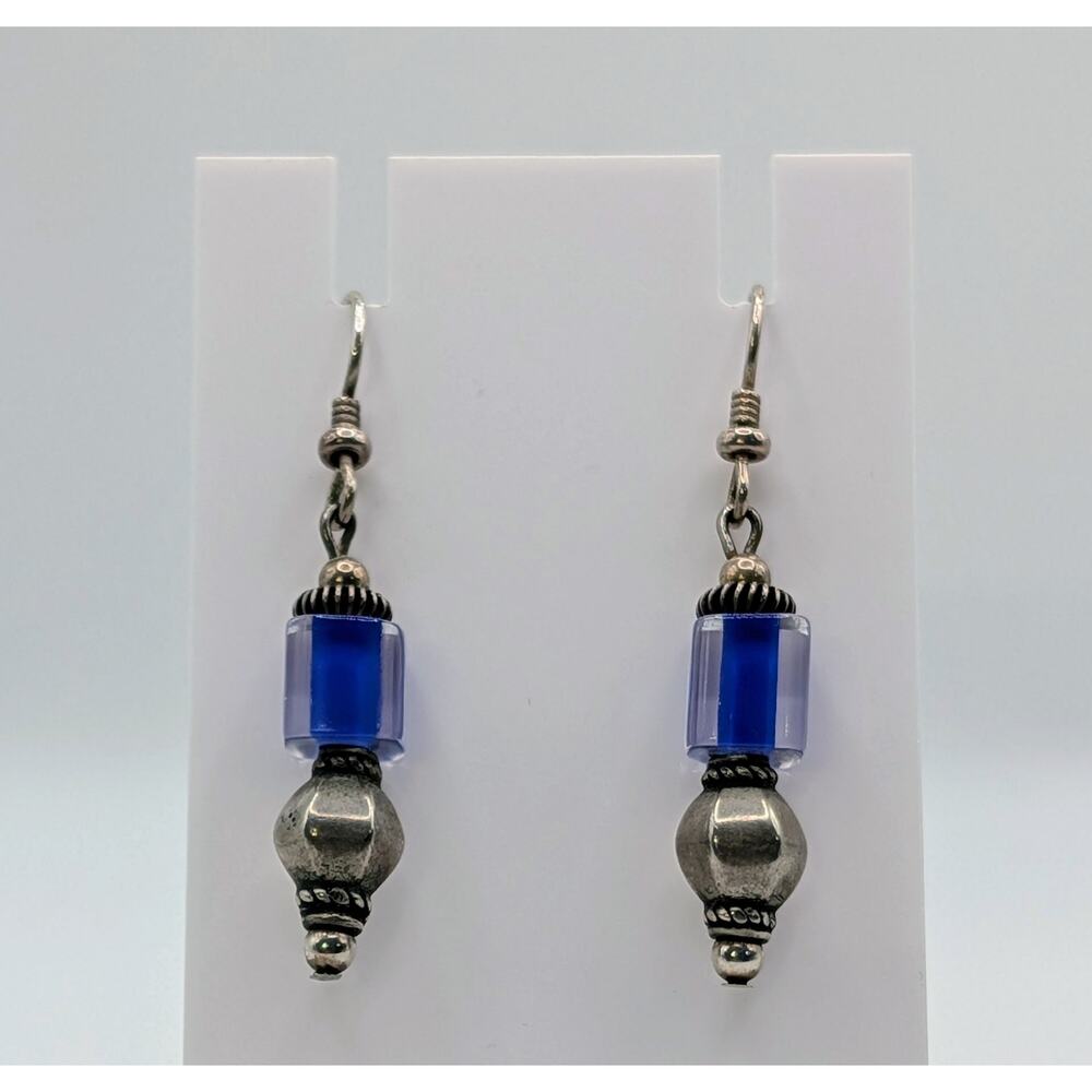 Sterling Silver Blue Glass Dangle Earrings‎ Artisan Style